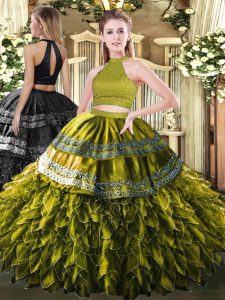Olive Green Sleeveless Floor Length Beading and Embroidery and Ruffles Backless 15 Quinceanera Dress