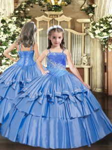 Excellent Floor Length Baby Blue Little Girl Pageant Gowns Straps Sleeveless Lace Up