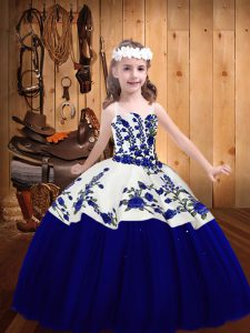 Hot Selling Floor Length Royal Blue Pageant Gowns For Girls Tulle Sleeveless Embroidery