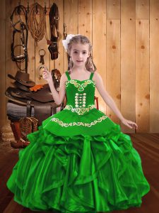 Embroidery and Ruffles Little Girls Pageant Dress Green Lace Up Sleeveless Floor Length