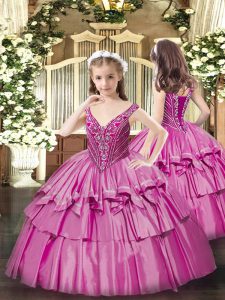 Great Fuchsia Little Girl Pageant Gowns Party and Quinceanera with Beading and Ruffled Layers V-neck Sleeveless Lace Up
