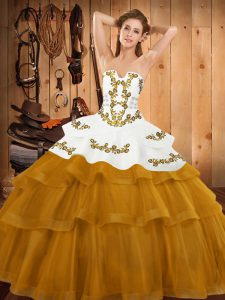 Gold Strapless Lace Up Embroidery and Ruffled Layers Sweet 16 Dresses Sweep Train Sleeveless