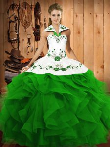 Green Lace Up Halter Top Embroidery and Ruffles Ball Gown Prom Dress Tulle Sleeveless
