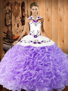 Floor Length Lavender Ball Gown Prom Dress Fabric With Rolling Flowers Sleeveless Embroidery