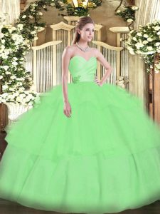 Dramatic Apple Green Ball Gowns Sweetheart Sleeveless Organza Floor Length Lace Up Beading and Ruffled Layers 15 Quinceanera Dress