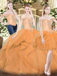 Traditional Sleeveless Organza Floor Length Lace Up Quinceanera Gown in Orange Red with Ruffles