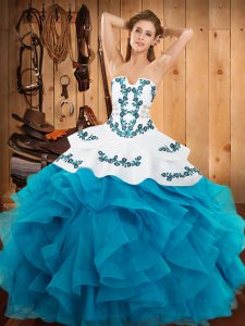Excellent Teal Lace Up Sweet 16 Quinceanera Dress Embroidery and Ruffles Sleeveless Floor Length