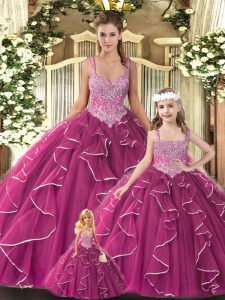 Affordable Ball Gowns 15 Quinceanera Dress Fuchsia Straps Tulle Sleeveless Floor Length Lace Up