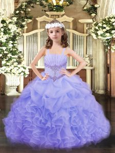 Straps Sleeveless Lace Up Pageant Gowns For Girls Lavender Organza