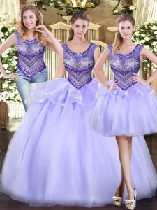 Fashion Lavender Scoop Lace Up Beading and Ruffles Sweet 16 Dresses Sleeveless