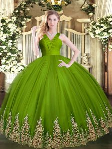 Olive Green Zipper Vestidos de Quinceanera Appliques Sleeveless Floor Length