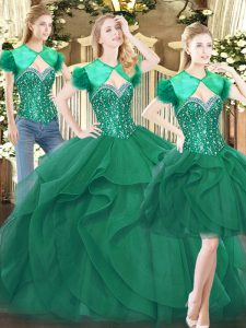 Customized Dark Green Lace Up Sweetheart Beading and Ruffles Quinceanera Dress Tulle Sleeveless