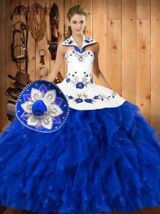 Sexy Blue And White Ball Gowns Halter Top Sleeveless Satin and Organza Floor Length Lace Up Embroidery and Ruffles Ball Gown Prom Dress