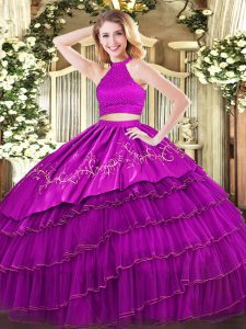 Halter Top Sleeveless Organza Quinceanera Gowns Beading and Embroidery and Ruffled Layers Backless