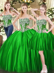 Romantic Green Three Pieces Beading Quince Ball Gowns Lace Up Tulle Sleeveless Floor Length