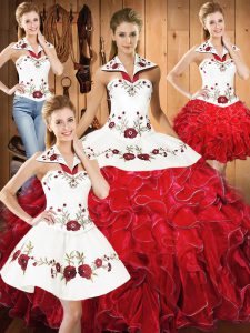 Free and Easy Floor Length White And Red 15th Birthday Dress Satin and Organza Sleeveless Embroidery and Ruffles
