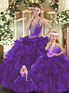 Clearance Sleeveless Organza Floor Length Lace Up Quinceanera Dress in Purple with Beading and Ruffles