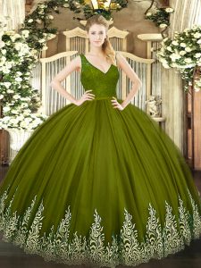 Latest Sleeveless Tulle Floor Length Backless Sweet 16 Dresses in Olive Green with Beading and Lace and Appliques