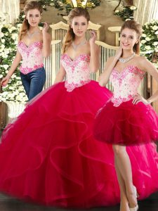 Traditional Hot Pink Sleeveless Floor Length Beading and Ruffles Lace Up Quinceanera Gown