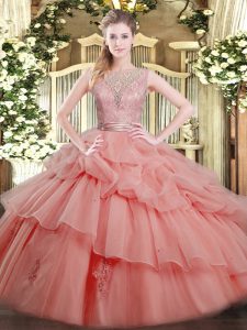 Watermelon Red Ball Gowns Tulle Scoop Sleeveless Beading and Ruffled Layers Floor Length Backless Quinceanera Gown