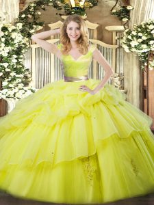 Elegant Floor Length Yellow Green 15 Quinceanera Dress V-neck Sleeveless Zipper