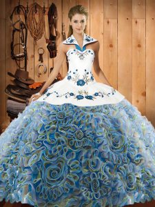 Fashionable Sweep Train Ball Gowns Quince Ball Gowns Multi-color Halter Top Fabric With Rolling Flowers Sleeveless Lace Up