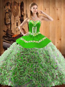 Flirting With Train Multi-color Vestidos de Quinceanera Satin and Fabric With Rolling Flowers Sweep Train Sleeveless Embroidery