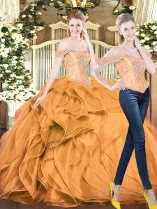 Comfortable Sleeveless Floor Length Beading and Ruffles Lace Up Quinceanera Gowns with Orange Red