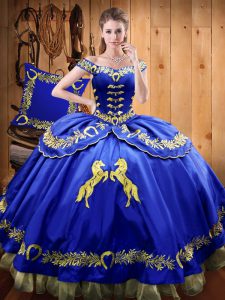 Royal Blue Off The Shoulder Lace Up Beading and Embroidery Sweet 16 Dresses Sleeveless
