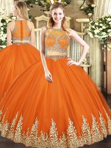 Custom Design Orange Red Ball Gowns Beading and Appliques Quinceanera Dresses Zipper Tulle Sleeveless Floor Length