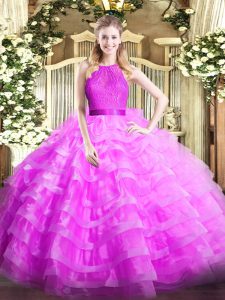 Organza Scoop Sleeveless Zipper Ruffled Layers Quinceanera Gowns in Lilac