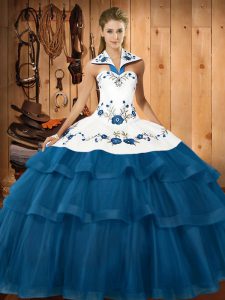 Organza Halter Top Sleeveless Sweep Train Lace Up Embroidery and Ruffled Layers Sweet 16 Dress in Blue