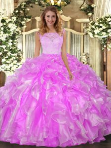 Wonderful Lilac Clasp Handle Quinceanera Gowns Lace and Ruffles Sleeveless Floor Length