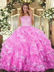 Unique Ball Gowns 15th Birthday Dress Rose Pink Scoop Organza Sleeveless Floor Length Clasp Handle