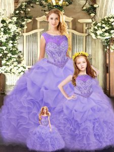 Perfect Scoop Sleeveless 15th Birthday Dress Floor Length Ruffles Lavender Organza