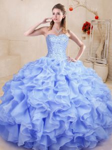 Low Price Lavender Ball Gowns Beading and Ruffles 15th Birthday Dress Lace Up Organza Sleeveless Floor Length