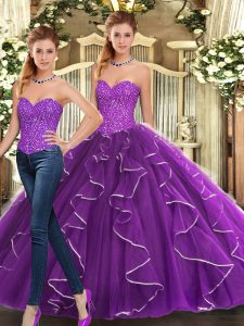 High Class Organza Sweetheart Sleeveless Lace Up Beading and Ruffles 15 Quinceanera Dress in Eggplant Purple