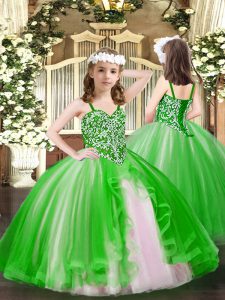 Dramatic Green Ball Gowns Beading Pageant Dress for Teens Lace Up Tulle Sleeveless Floor Length
