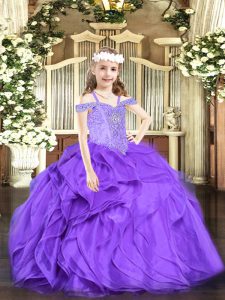 Lavender Ball Gowns Organza Off The Shoulder Sleeveless Beading and Ruffles Floor Length Lace Up Pageant Gowns For Girls