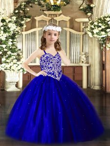 Royal Blue Ball Gowns Tulle V-neck Sleeveless Beading Floor Length Lace Up Little Girls Pageant Dress Wholesale