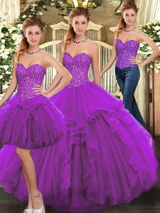 Lovely Floor Length Three Pieces Sleeveless Purple Quinceanera Dress Lace Up