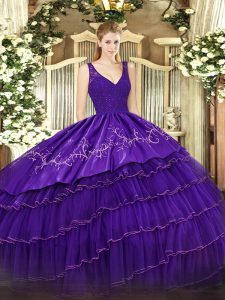 Purple Sleeveless Satin and Tulle Zipper Quinceanera Dresses for Sweet 16 and Quinceanera