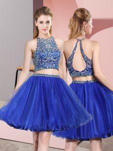 Classical Royal Blue Scoop Neckline Beading Dama Dress for Quinceanera Sleeveless Backless