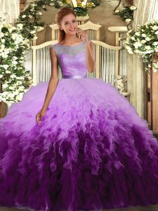Colorful Multi-color Ball Gowns Tulle Scoop Sleeveless Beading and Appliques and Ruffles Floor Length Backless Quinceanera Gowns