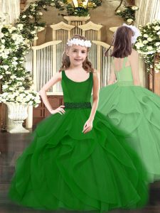 Stunning Sleeveless Floor Length Beading and Ruffles Zipper Girls Pageant Dresses with Dark Green