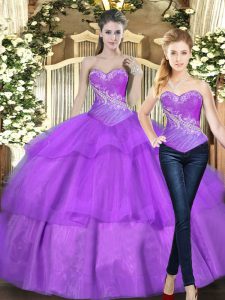 Exquisite Eggplant Purple Lace Up Quinceanera Gown Beading and Ruffled Layers Sleeveless Floor Length