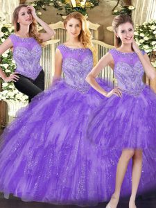 Eggplant Purple Sleeveless Organza Lace Up Vestidos de Quinceanera for Military Ball and Sweet 16 and Quinceanera