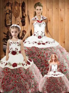 Multi-color Sleeveless Satin and Fabric With Rolling Flowers Lace Up Quinceanera Dress for Military Ball and Sweet 16 and Quinceanera