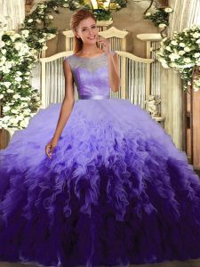 Multi-color Backless Scoop Beading and Ruffles 15 Quinceanera Dress Tulle Sleeveless