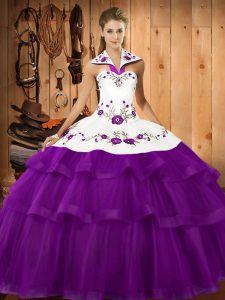 Purple Ball Gowns Organza Halter Top Sleeveless Embroidery and Ruffled Layers Lace Up Ball Gown Prom Dress Sweep Train